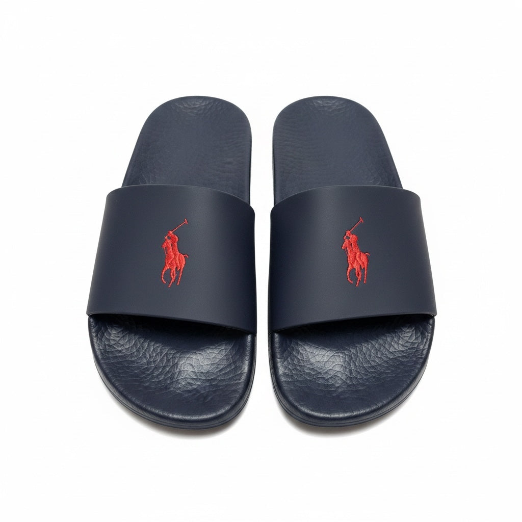picknpack Polo Ralph Lauren navy blue synthetic pool slides with red embroidered pony logo on the wide strap