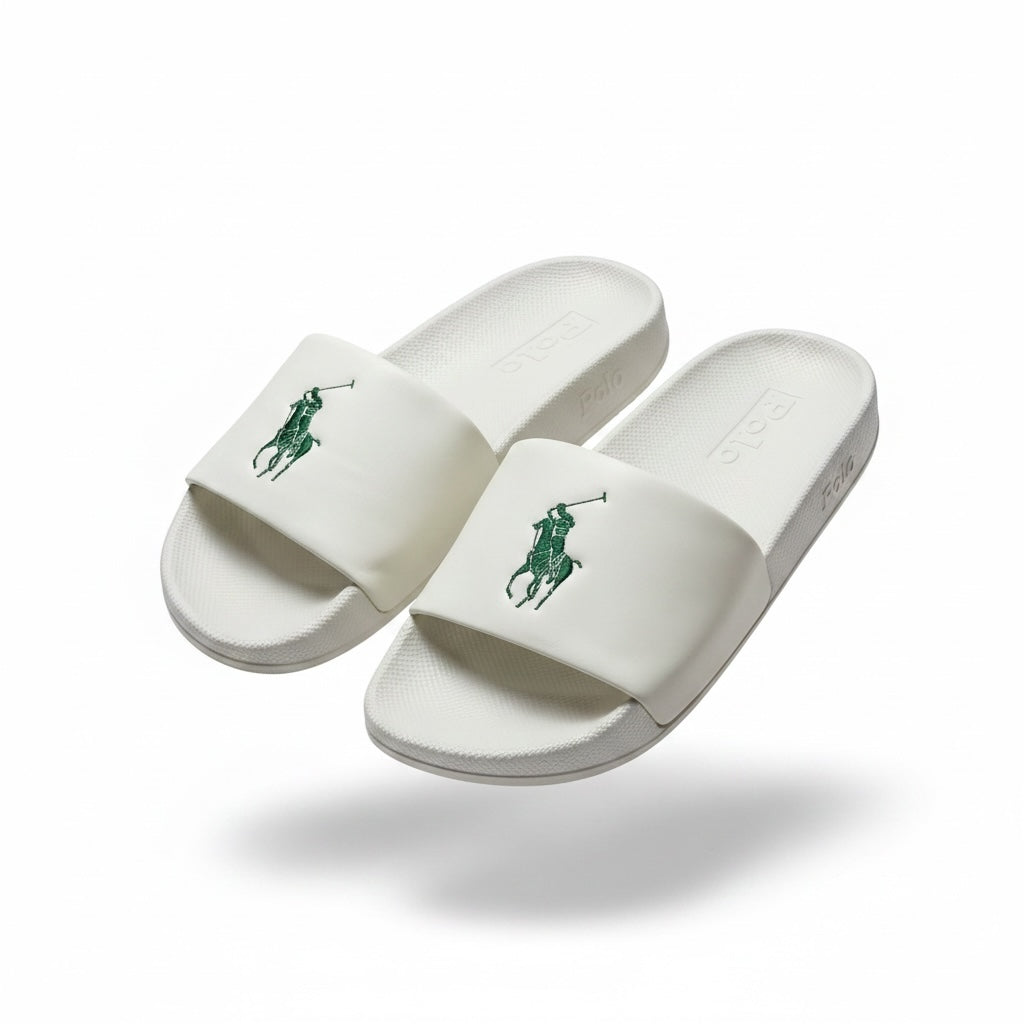 picknpack Polo Ralph Lauren off-white pool slides with a green embroidered signature pony logo on the strap