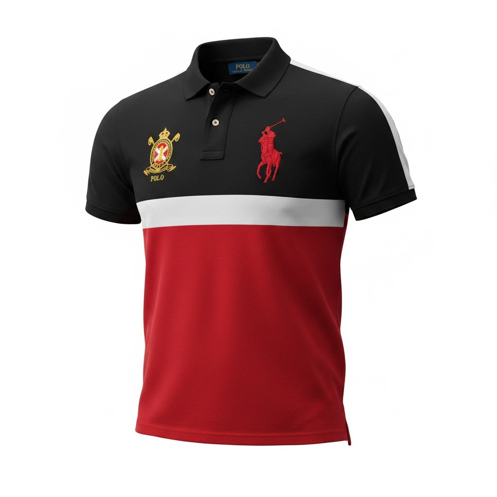picknpack Ralph Lauren color-blocked cotton pique polo shirt in black, white, and red with embroidered crest and pony