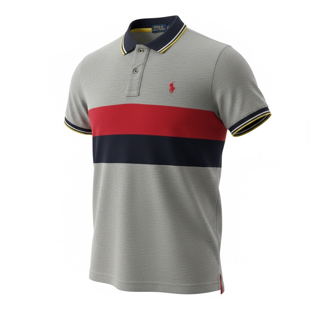picknpack Ralph Lauren grey cotton-blend pique polo shirt with navy and red chest stripes and tipped collar