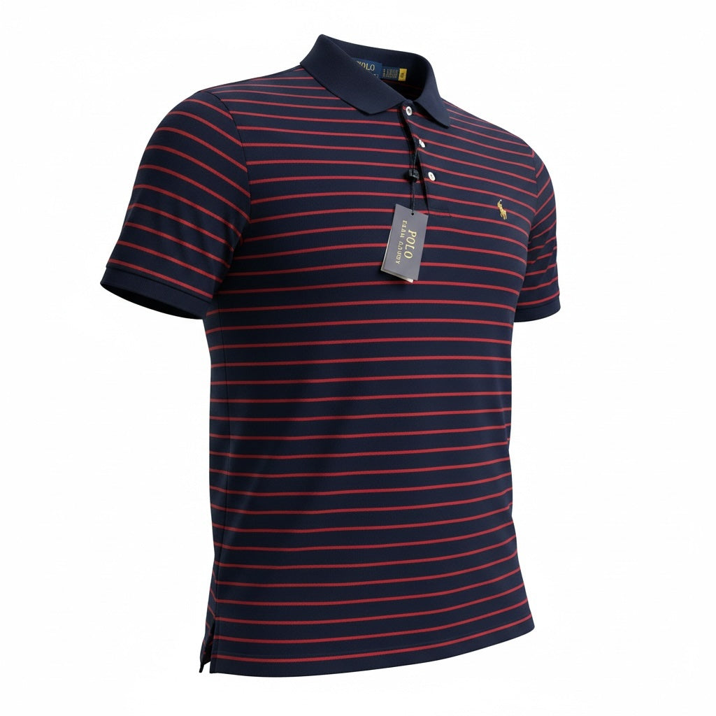 picknpack Ralph Lauren navy and red striped cotton pique polo shirt with ribbed collar and embroidered logo