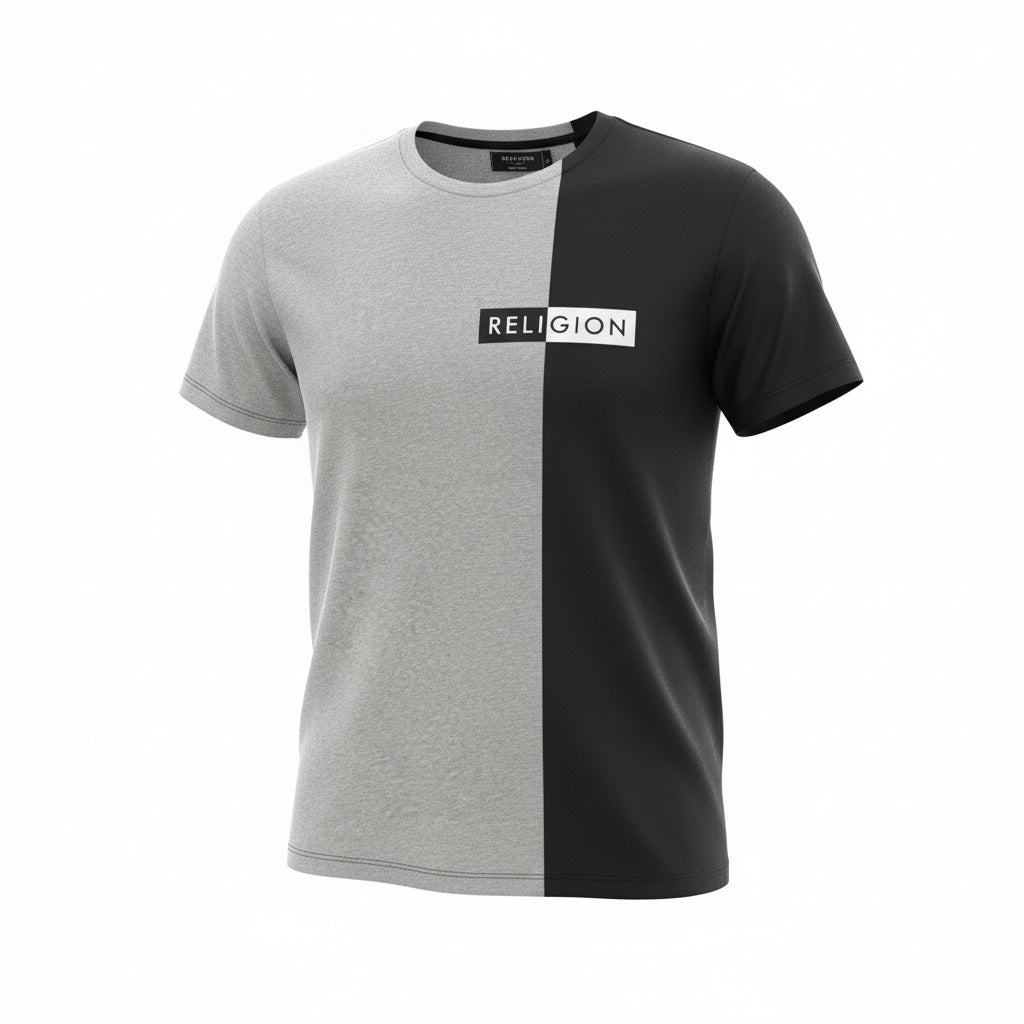 picknpack RELIGION split panel crew neck t-shirt in grey marl and black with a front logo patch