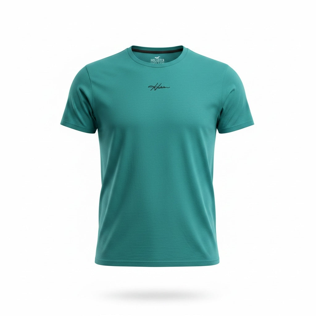 picknpack Hollister teal short sleeve crew neck t-shirt with minimalist black script embroidery on the chest