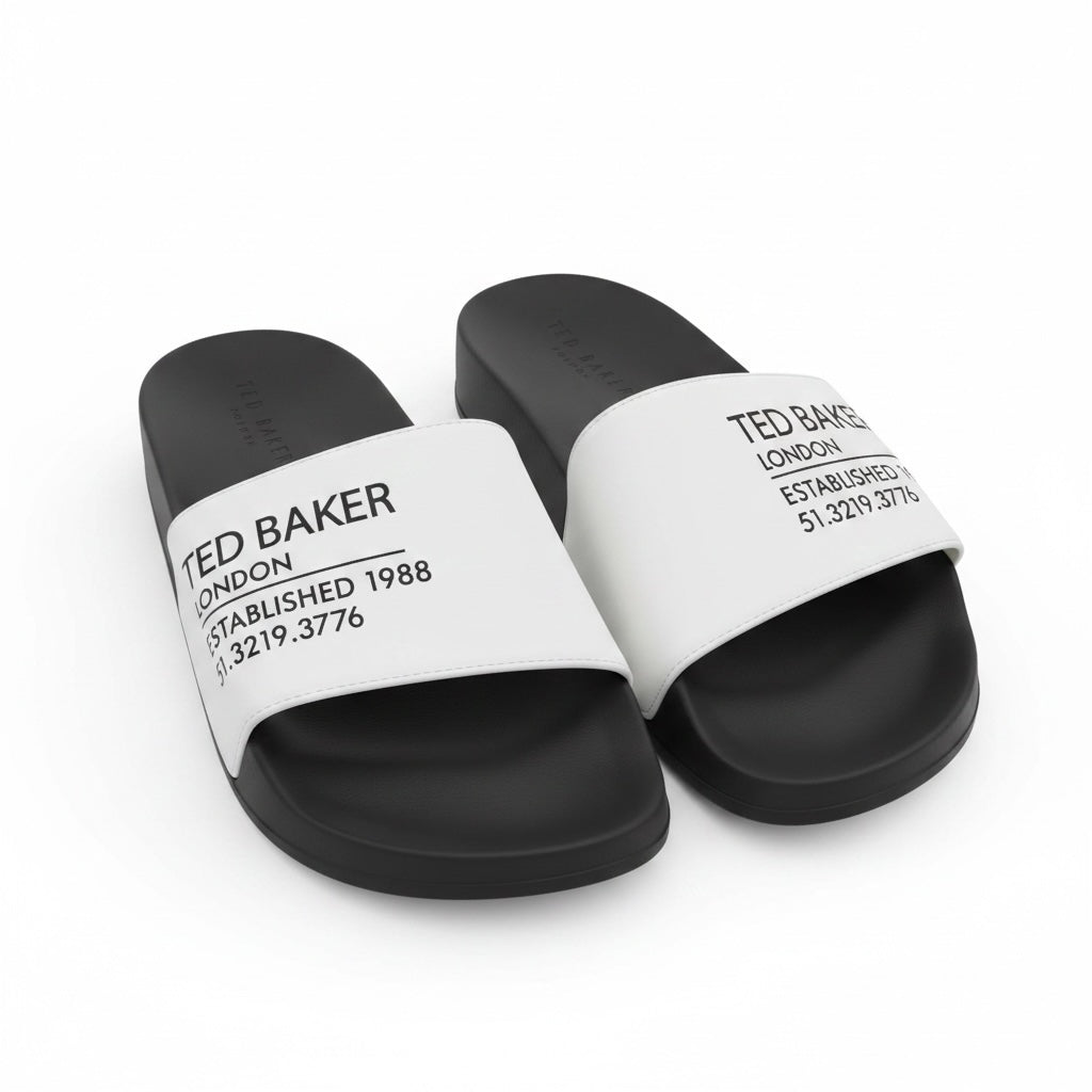 picknpack Ted Baker London casual slide sandals with white straps, black contoured footbeds, and branded text details.