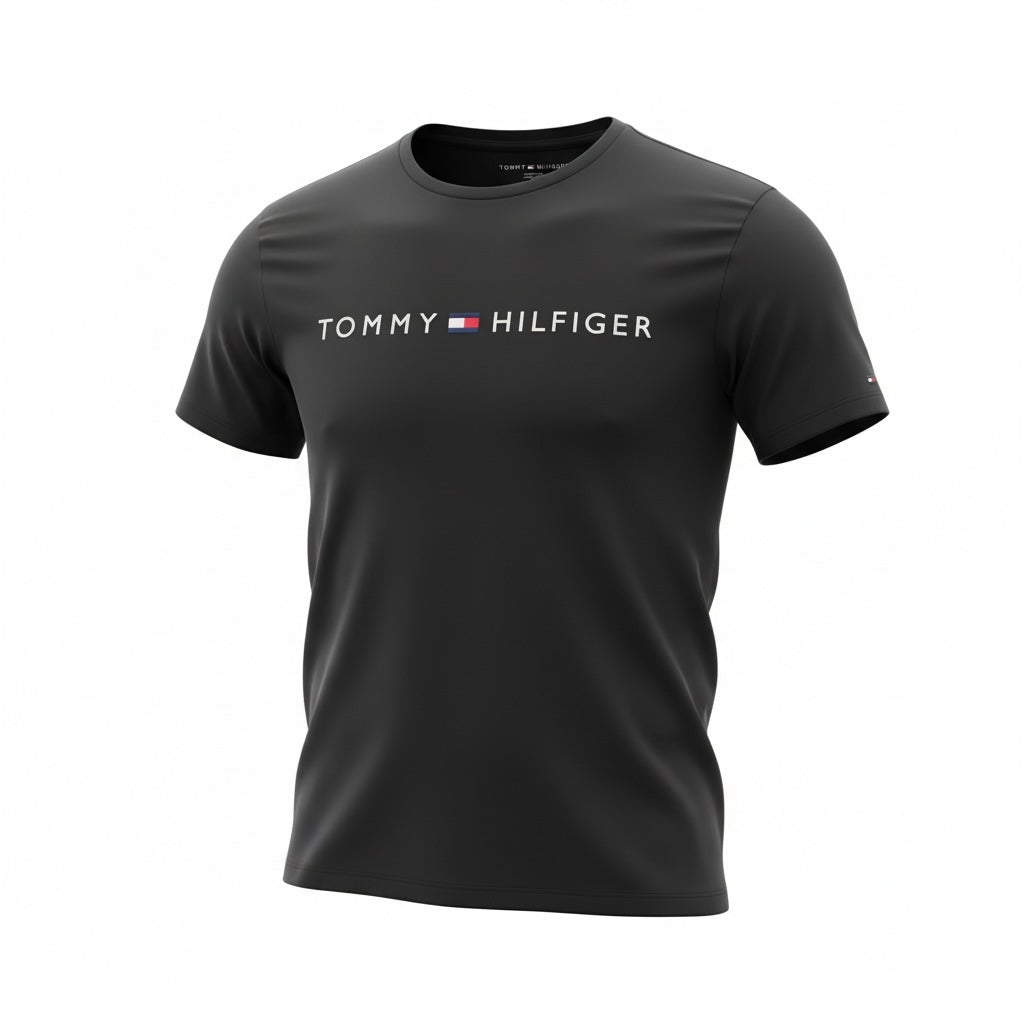 picknpack Tommy Hilfiger black crew neck cotton t-shirt with white chest logo and sleeve flag detail