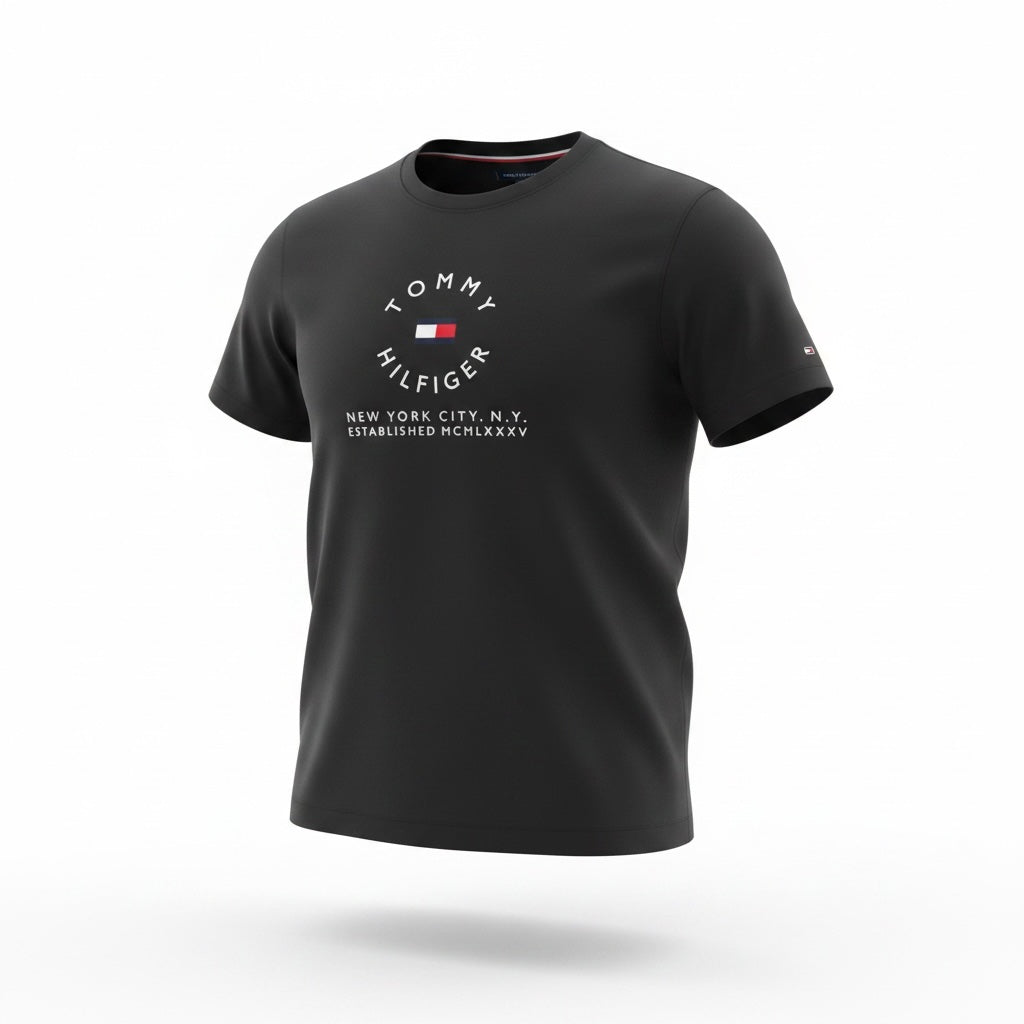 picknpack Tommy Hilfiger black cotton crew neck t-shirt with circular logo graphic on chest