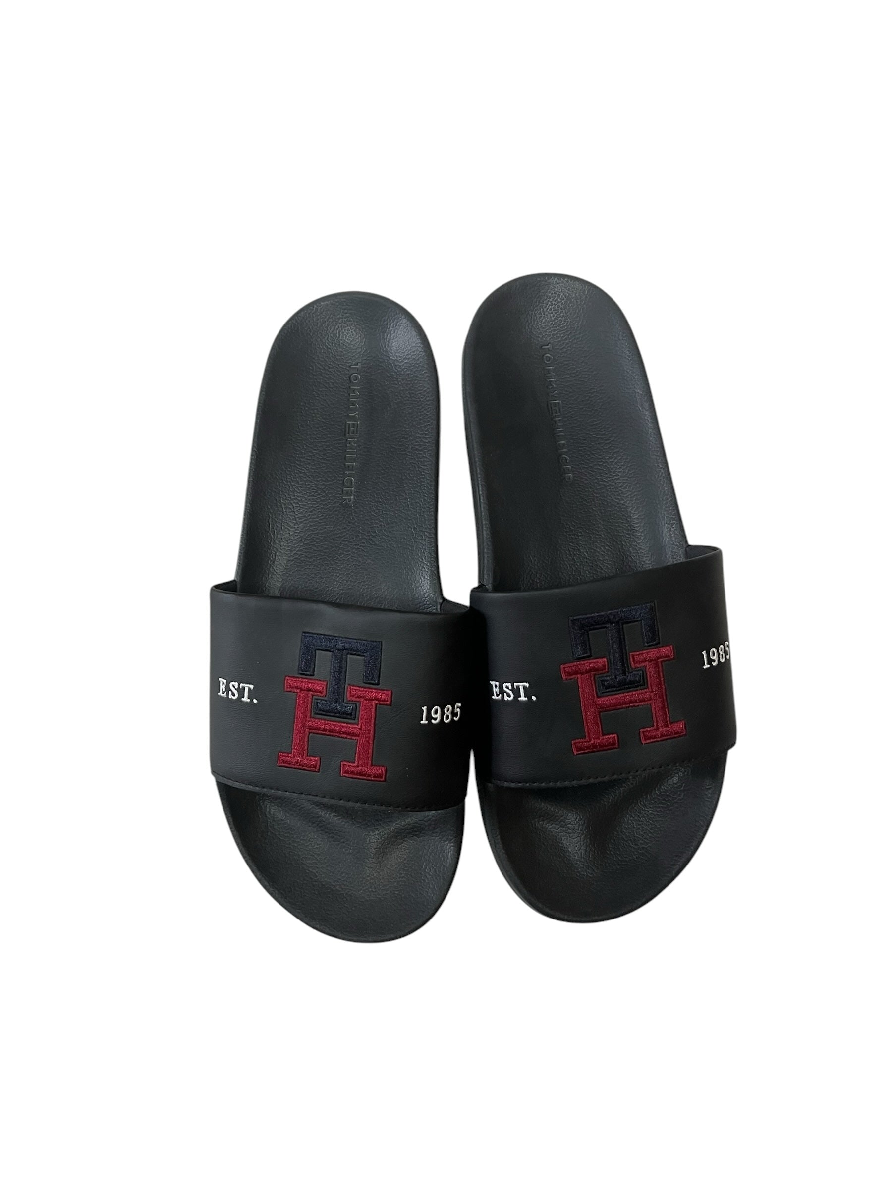 picknpack Tommy Hilfiger black pool slide sandals with red and blue embroidered logo and EST 1985 text