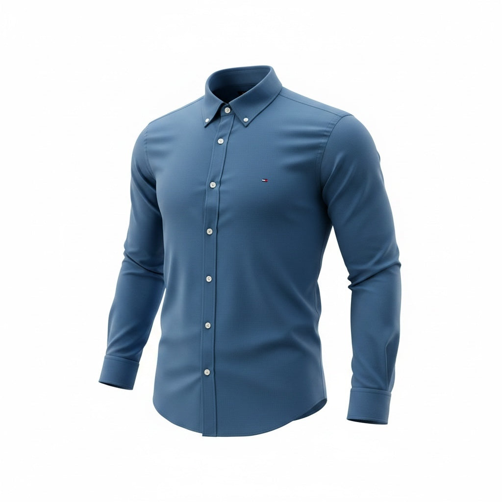 picknpack Tommy Hilfiger blue long sleeve button down shirt with micro-texture and chest logo on white background