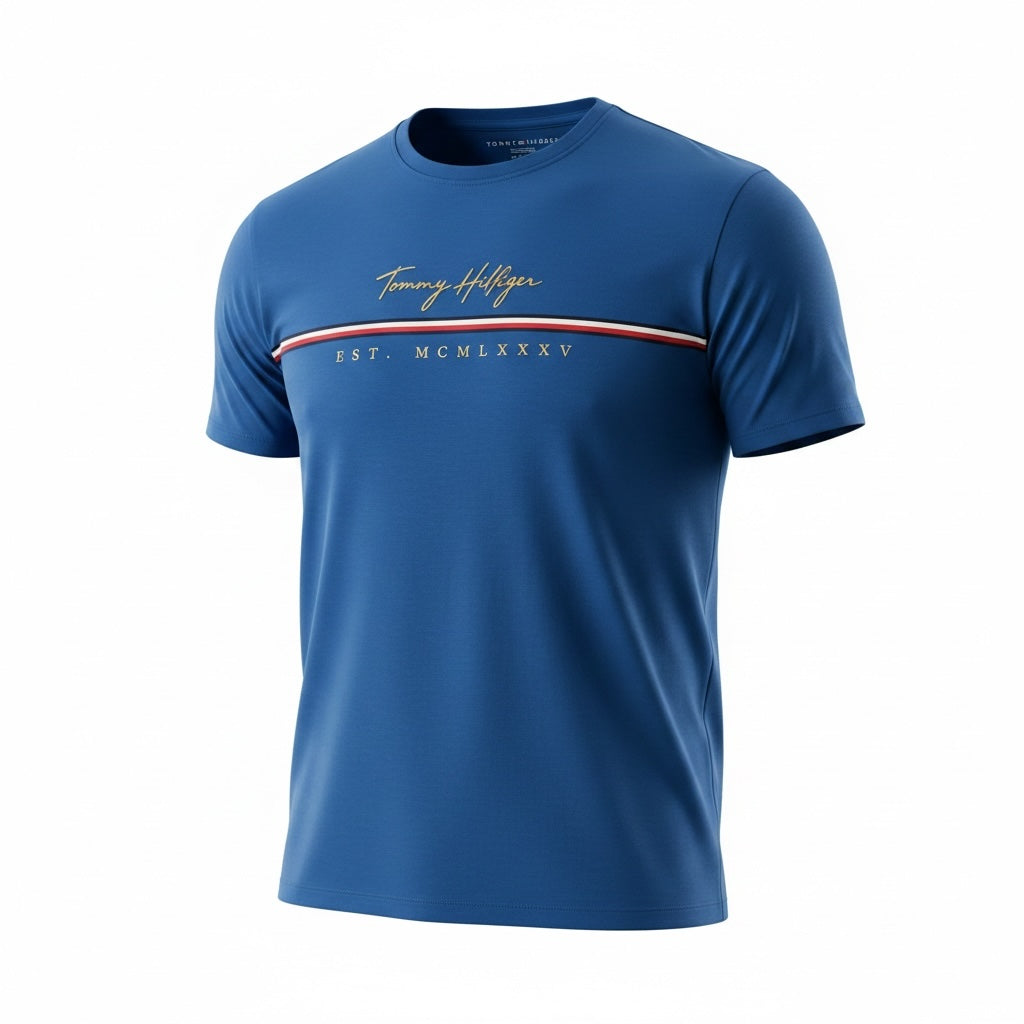 picknpack Tommy Hilfiger blue short sleeve crew neck t-shirt with gold script logo and horizontal stripe detail