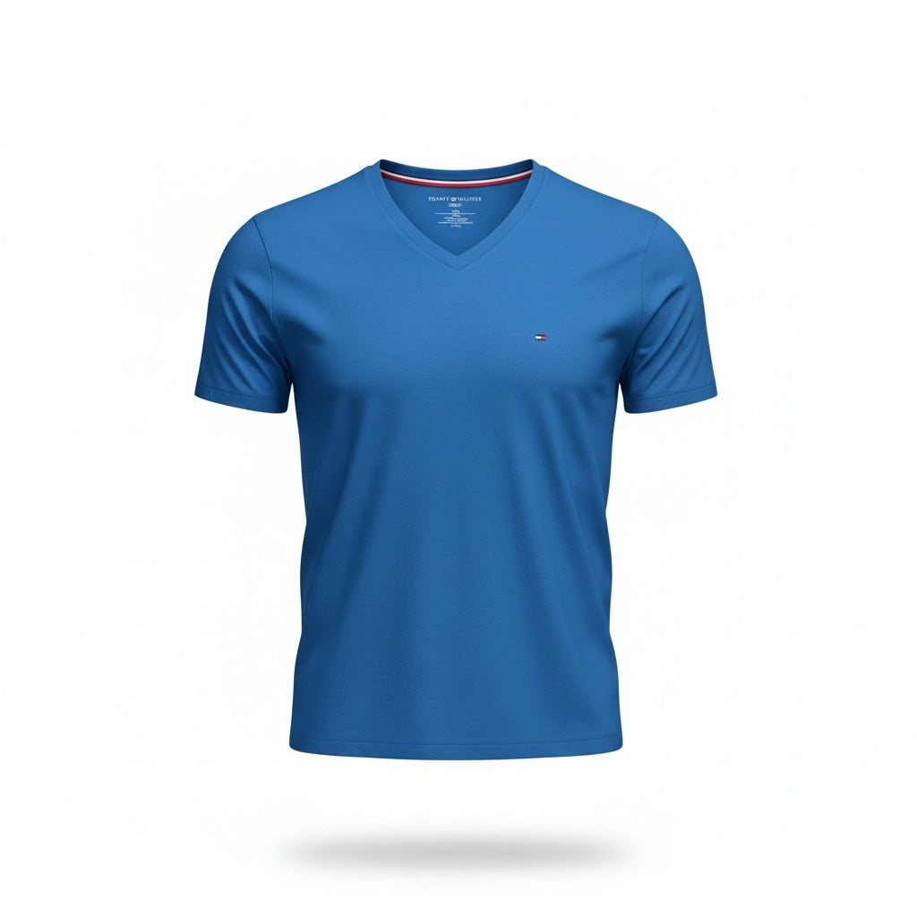 picknpack Tommy Hilfiger blue cotton V-neck t-shirt with signature logo embroidery on the chest