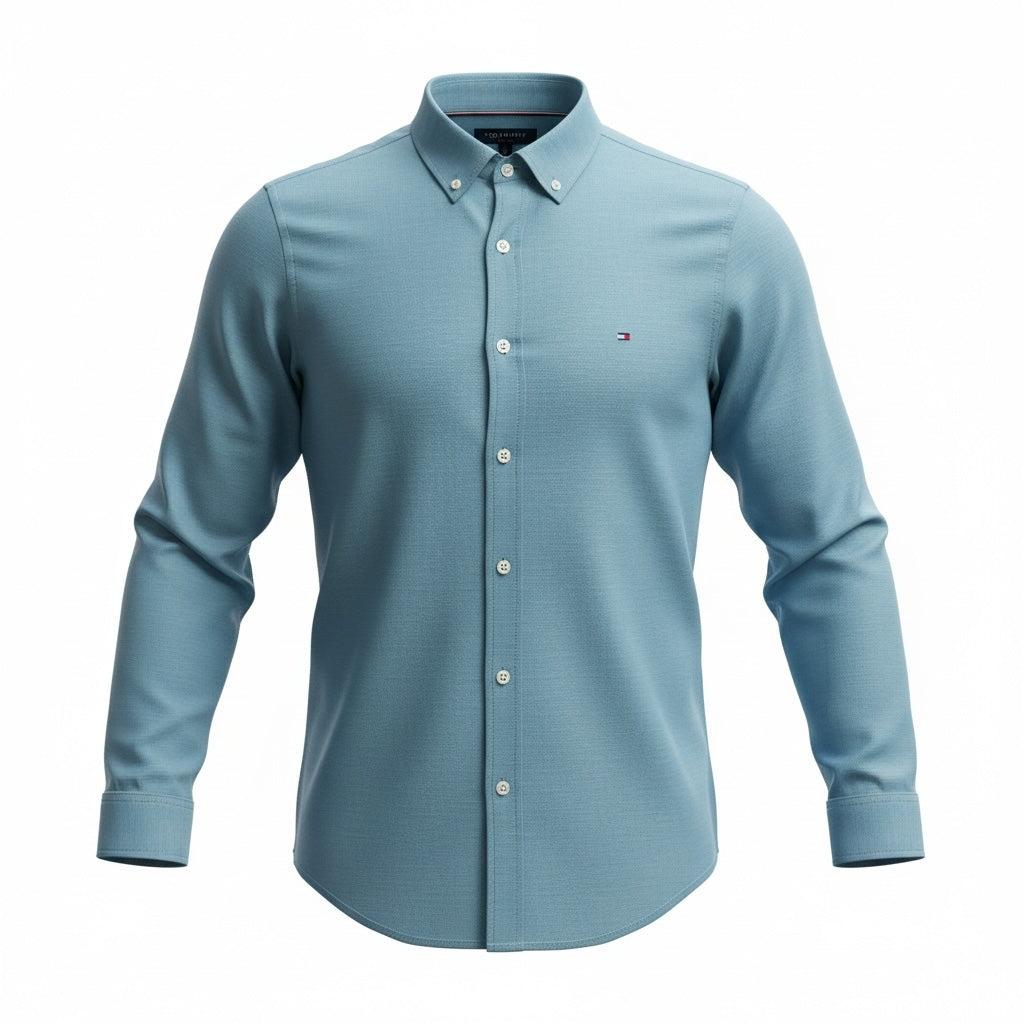 picknpack Tommy Hilfiger dusty blue long sleeve button-down shirt with textured fabric and chest logo