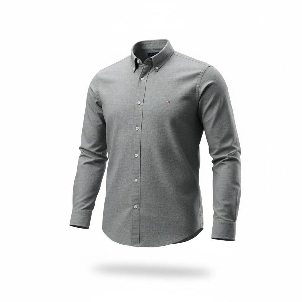 picknpack Tommy Hilfiger grey long sleeve button-down shirt in cotton-blend fabric with chest logo