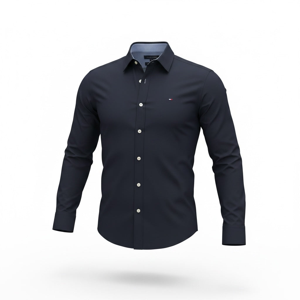 picknpack Tommy Hilfiger navy blue long sleeve button-down dress shirt with point collar and chest logo embroidery