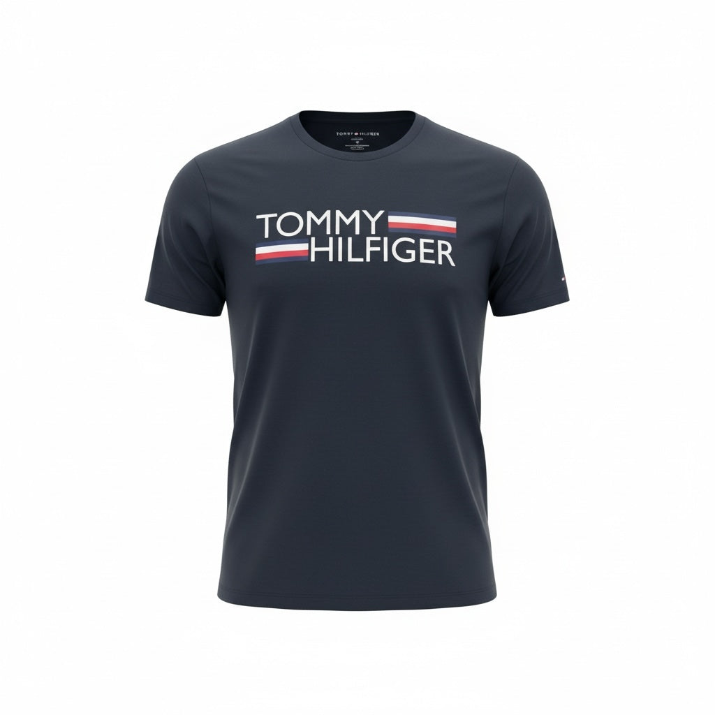 picknpack navy blue Tommy Hilfiger crew neck t-shirt with a white and red graphic logo on the chest