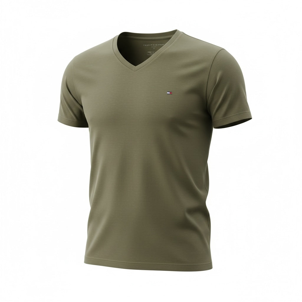 picknpack Tommy Hilfiger olive green short sleeve V-neck t-shirt in soft cotton blend with chest logo embroidery