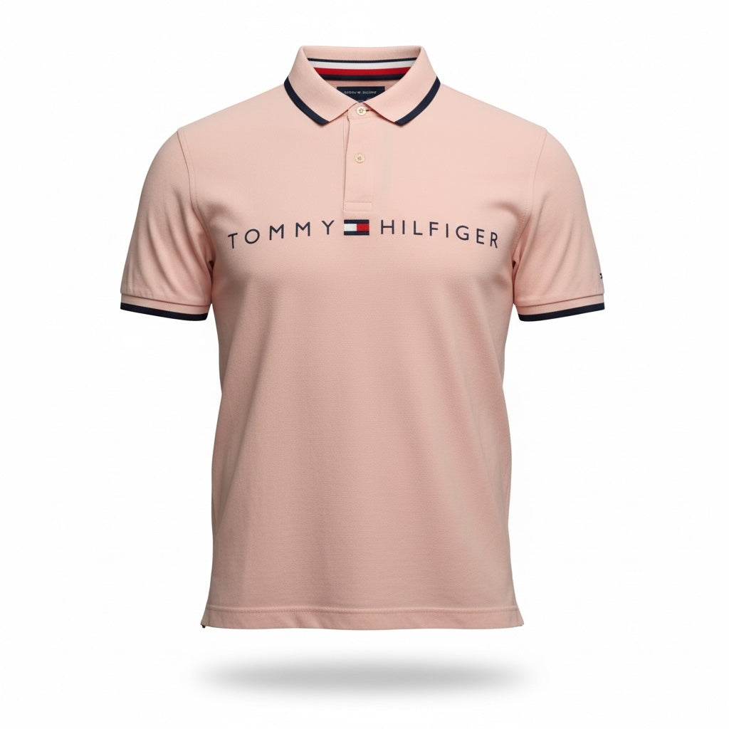 picknpack Tommy Hilfiger pastel pink cotton pique polo shirt with navy collar trim and chest logo