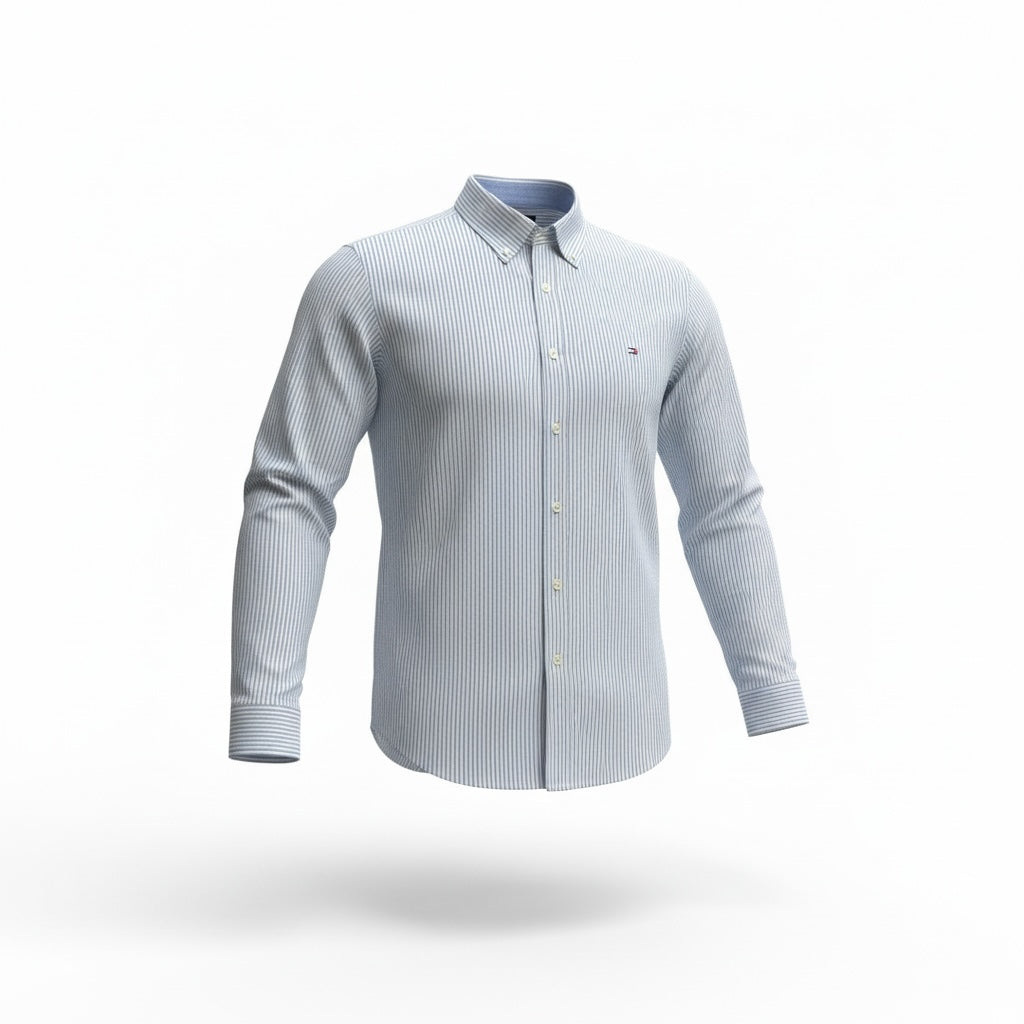 picknpack Tommy Hilfiger light blue and white pinstripe long sleeve button down shirt with chest logo embroidery