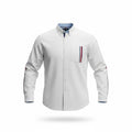 picknpack Tommy Hilfiger white long sleeve button-down shirt with red, white, and blue striped pocket and sleeve detail.
