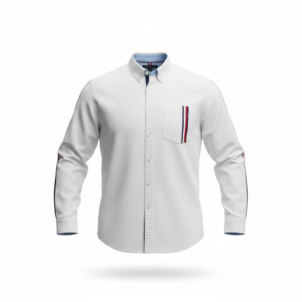 picknpack Tommy Hilfiger white long sleeve button-down shirt with red, white, and blue striped pocket and sleeve detail.