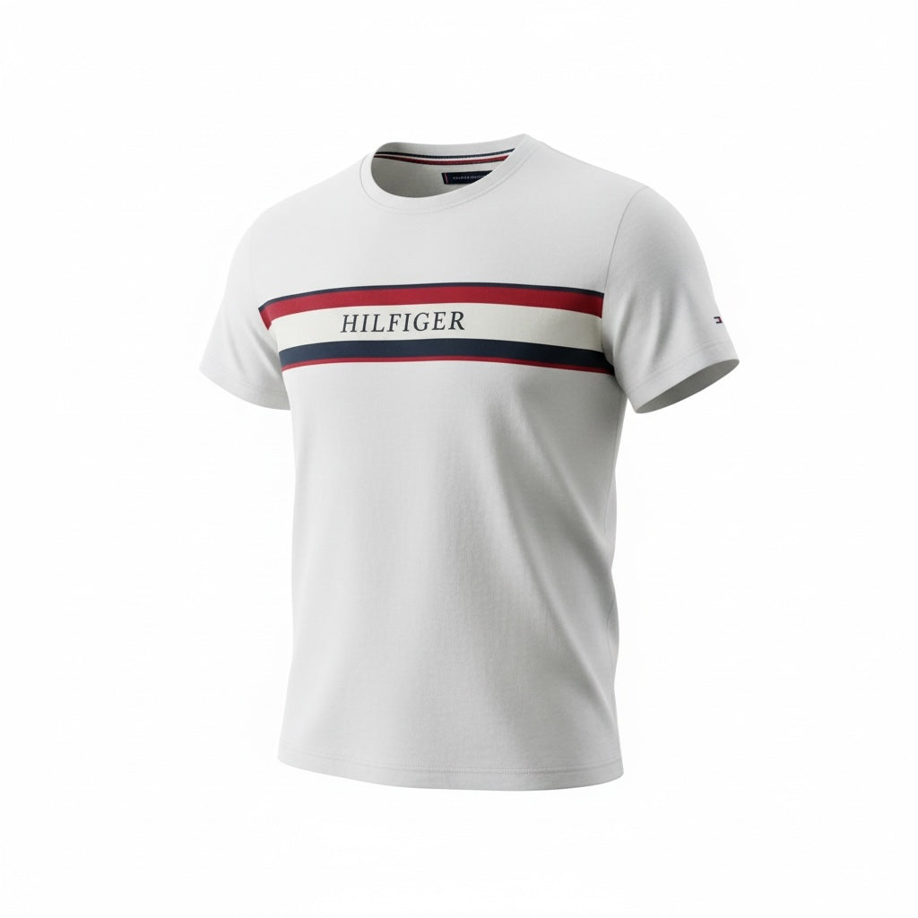 picknpack Tommy Hilfiger white crew neck cotton t-shirt with a signature red, white, and navy chest stripe logo