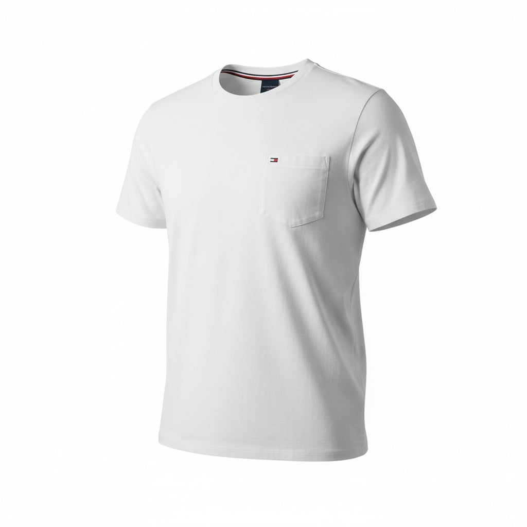 picknpack Tommy Hilfiger white crew neck cotton t-shirt with a chest pocket and small signature logo detail.
