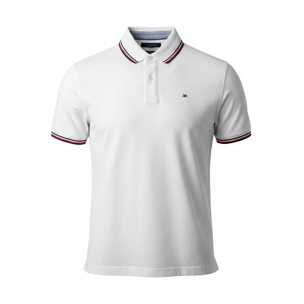 picknpack Tommy Hilfiger white cotton pique polo shirt with navy and red tipped collar and sleeves