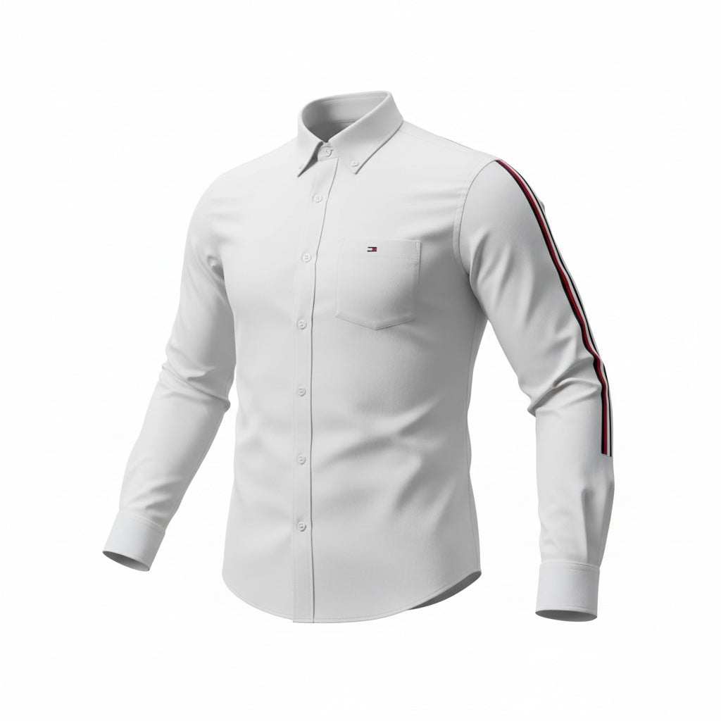 picknpack Tommy Hilfiger white long sleeve button down shirt with signature tri-color sleeve stripes and chest pocket