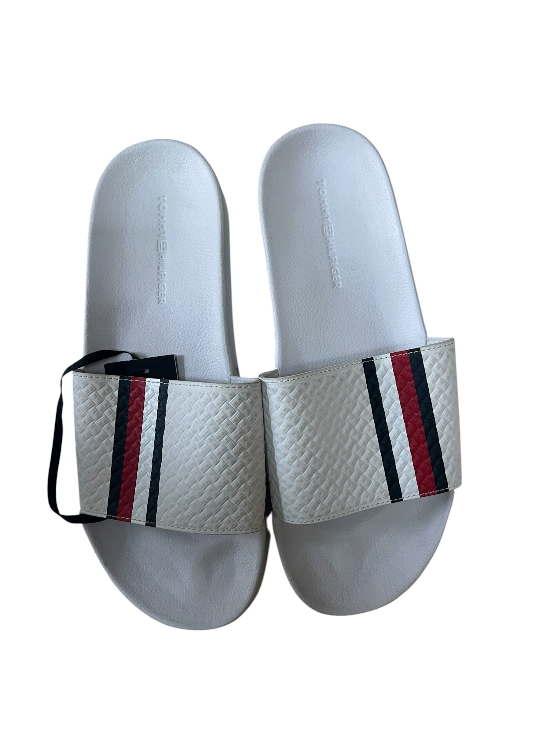 picknpack Tommy Hilfiger white textured slide sandals with signature red, white, and navy stripe detail