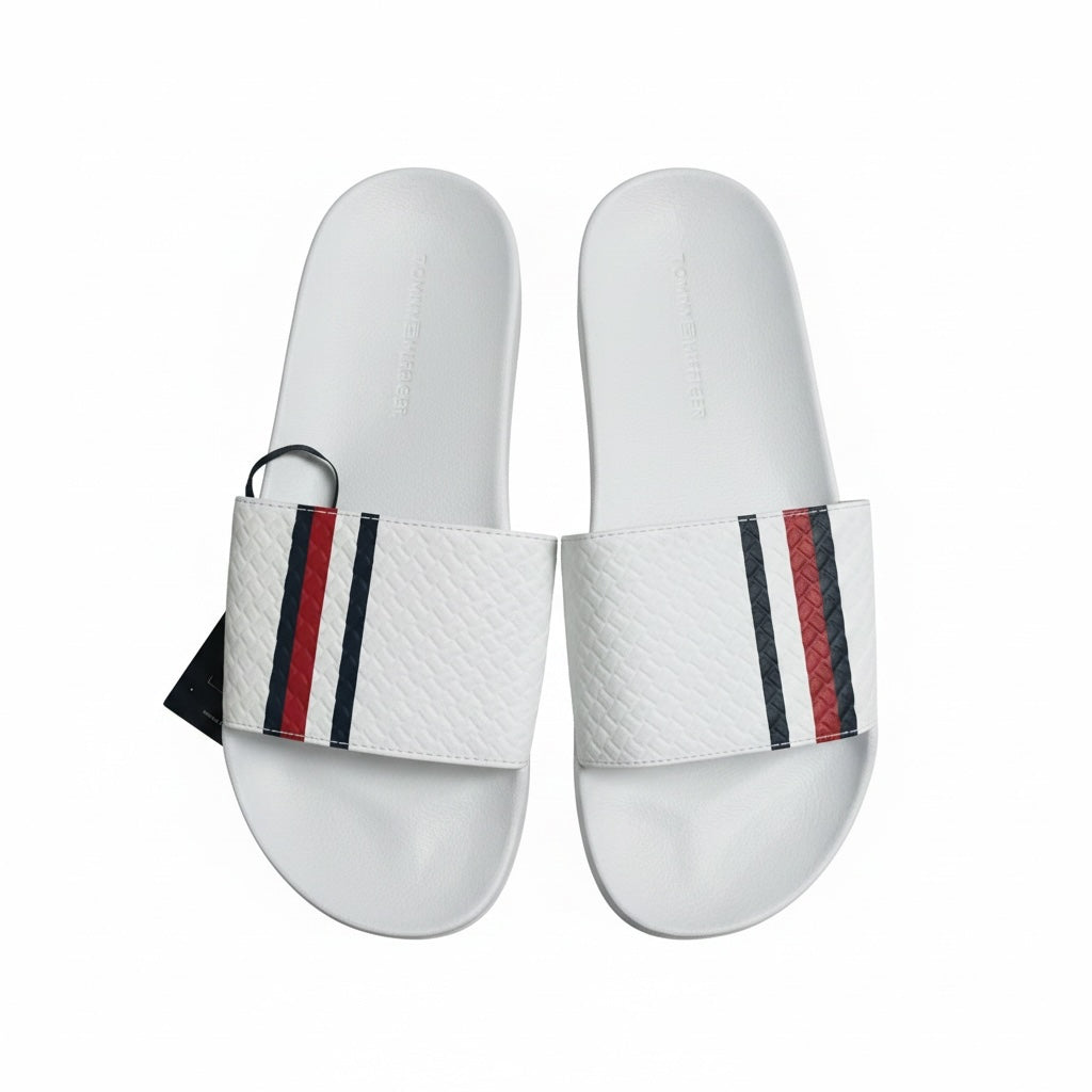 picknpack Tommy Hilfiger white textured slide sandals with signature red, white, and navy striped strap detail