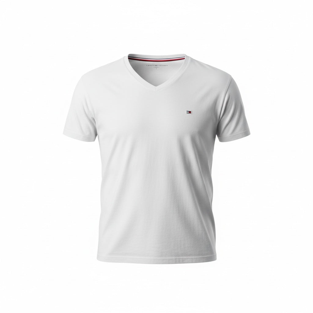 picknpack Tommy Hilfiger white short sleeve cotton V-neck t-shirt with signature chest logo embroidery