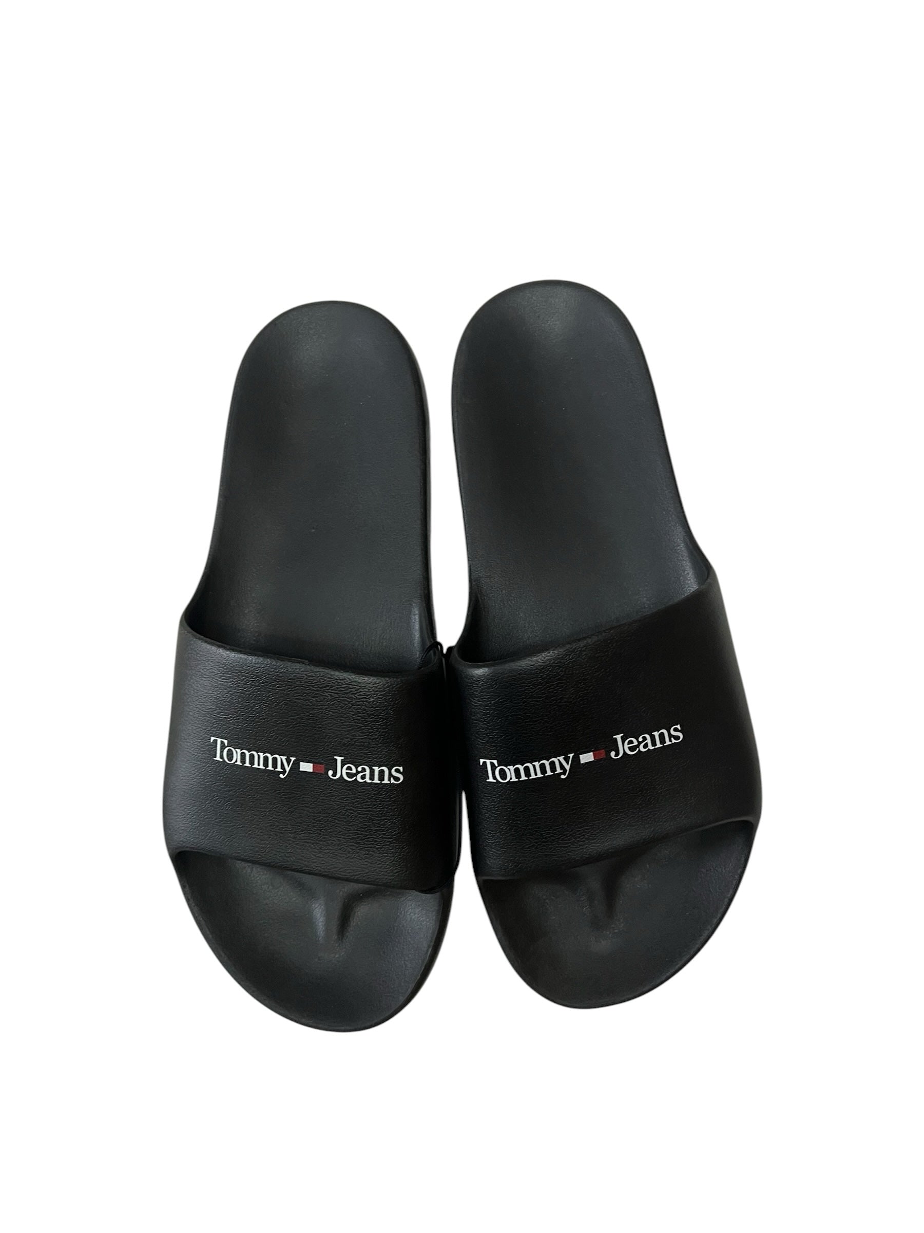 picknpack Tommy Jeans black synthetic pool slide sandals with a contoured footbed and white logo on the wide strap