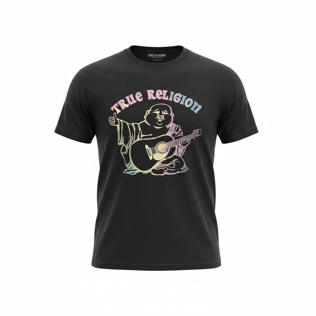picknpack TRUE RELIGION black cotton crew neck t-shirt with a vibrant rainbow Buddha guitar graphic print.
