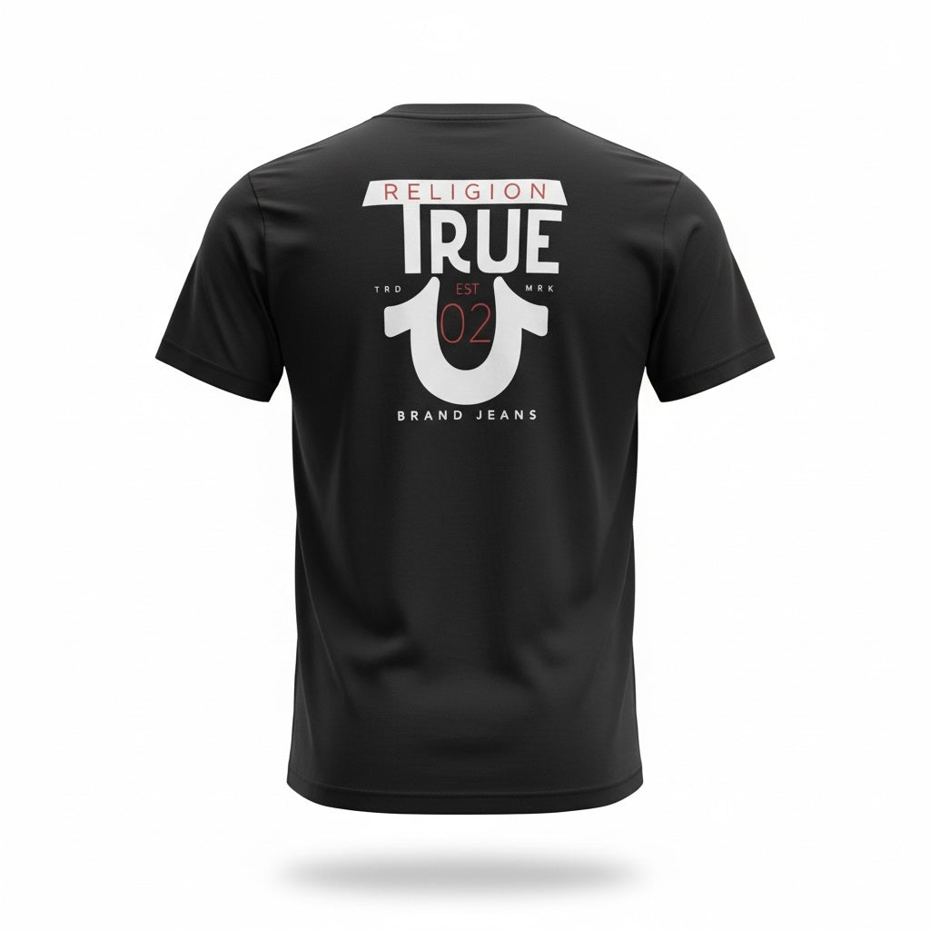 picknpack TRUE RELIGION black short sleeve crew neck t-shirt with bold white and red graphic print on the back