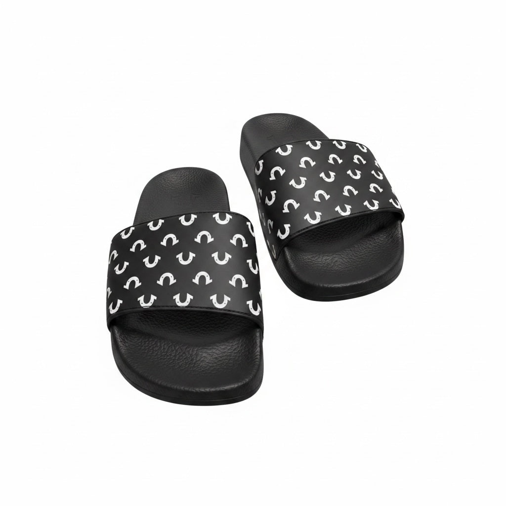 picknpack True Religion black slide sandals with a white repeating horseshoe logo pattern on the strap