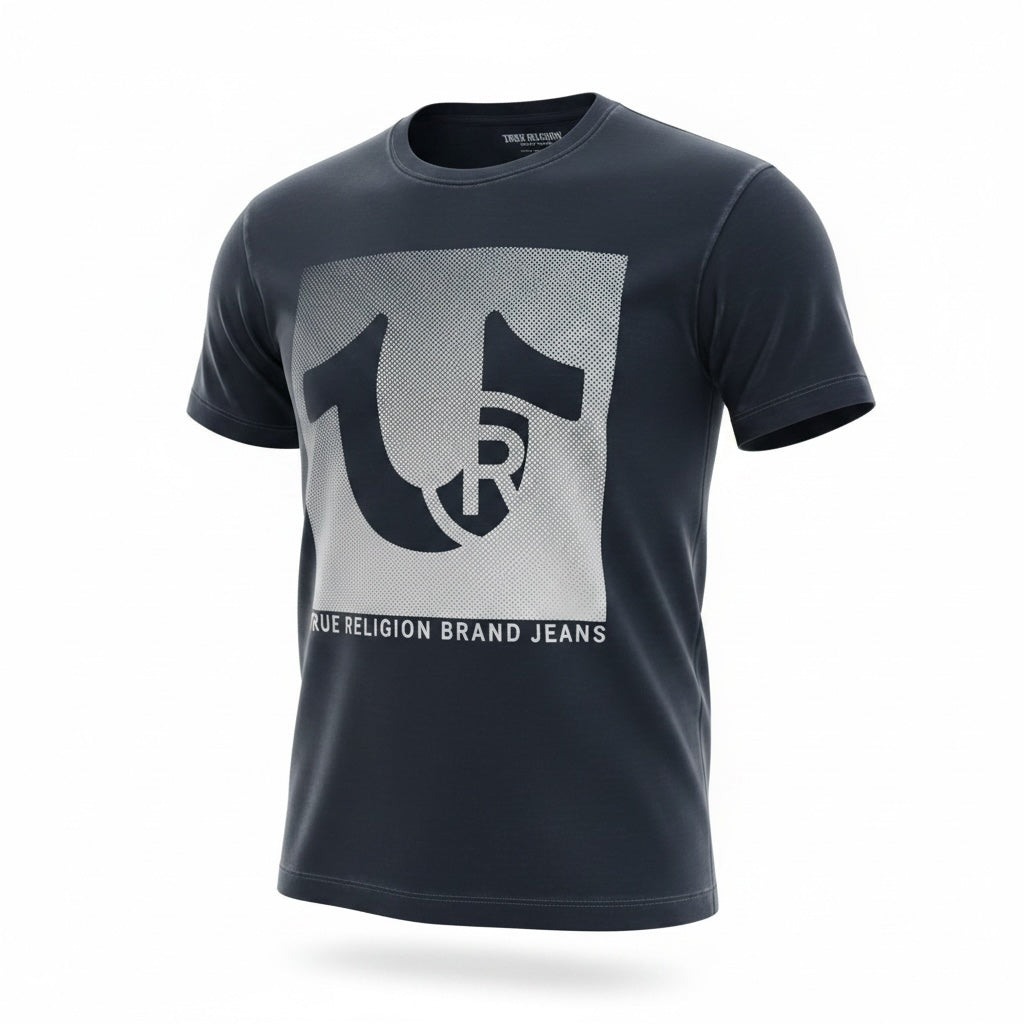 picknpack True Religion charcoal crew neck t-shirt with metallic square Buddha logo graphic on soft cotton fabric