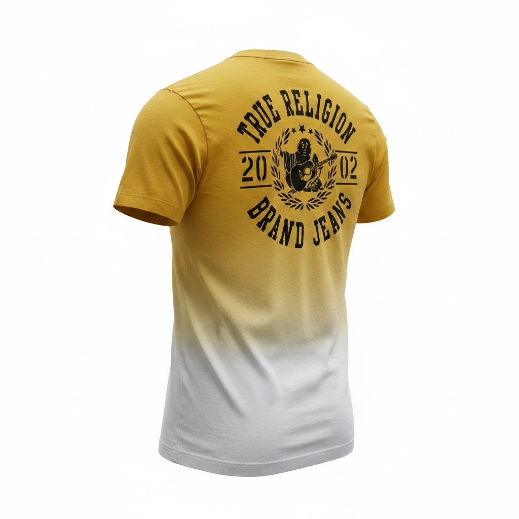 picknpack TRUE RELIGION mustard yellow to white ombre crew neck t-shirt with vintage back graphic print