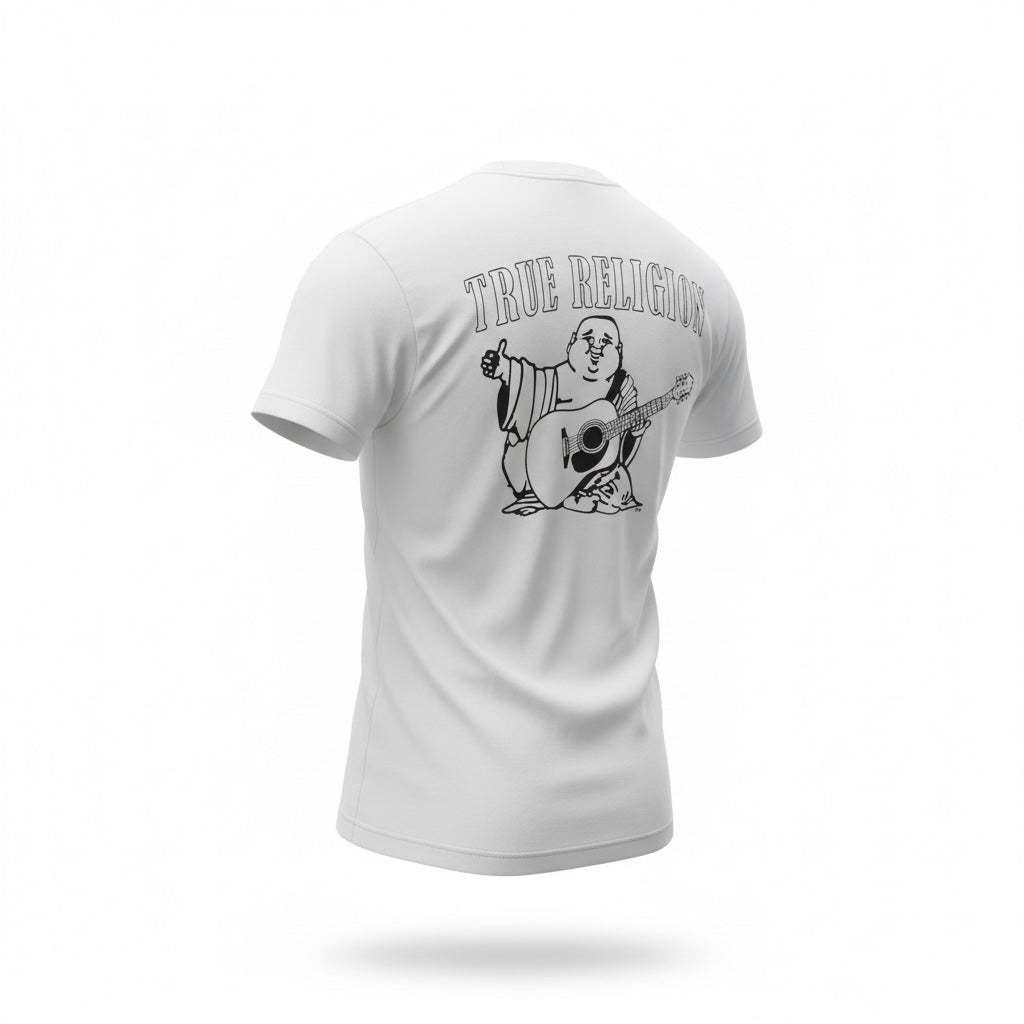 picknpack white TRUE RELIGION crew neck t-shirt featuring a black Buddha guitar graphic on the back