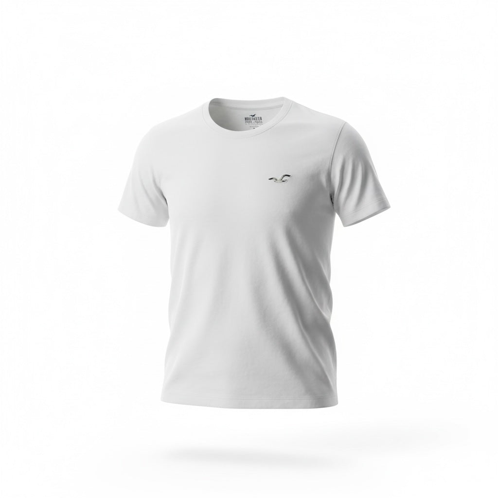 picknpack white crew neck cotton t-shirt with small embroidered seagull logo on chest