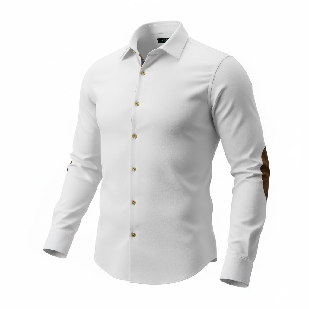 picknpack white long sleeve button down dress shirt with brown elbow patches and a structured collar