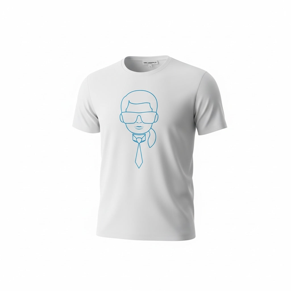 picknpack white crew neck cotton t-shirt featuring a blue line art graphic portrait of Karl Lagerfeld on the chest