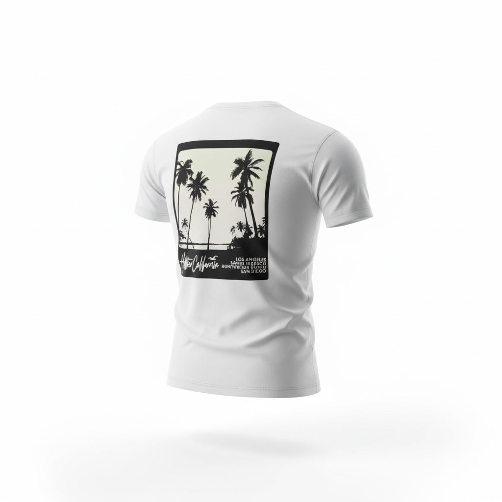 picknpack white crew neck t-shirt with black and white California palm tree graphic on the back