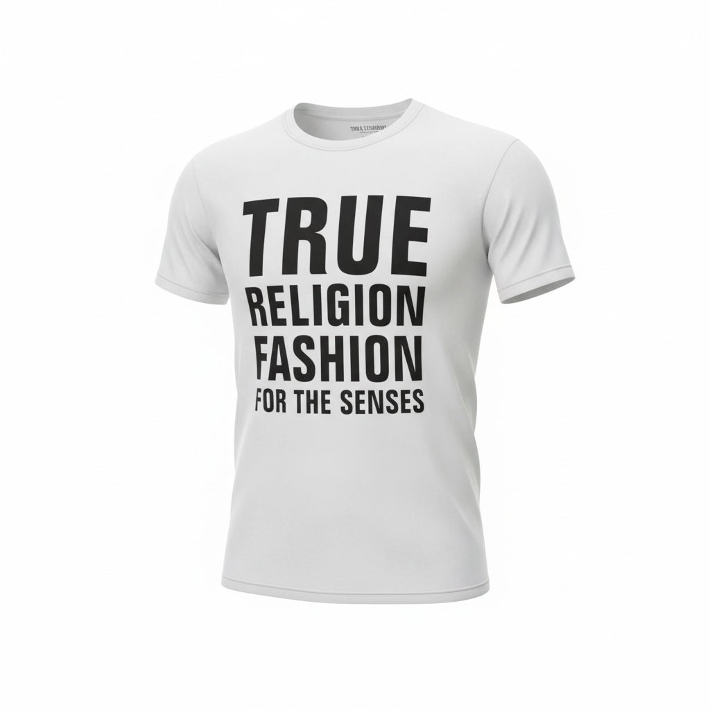 picknpack white True Religion crew neck t-shirt with bold black graphic typography on the chest