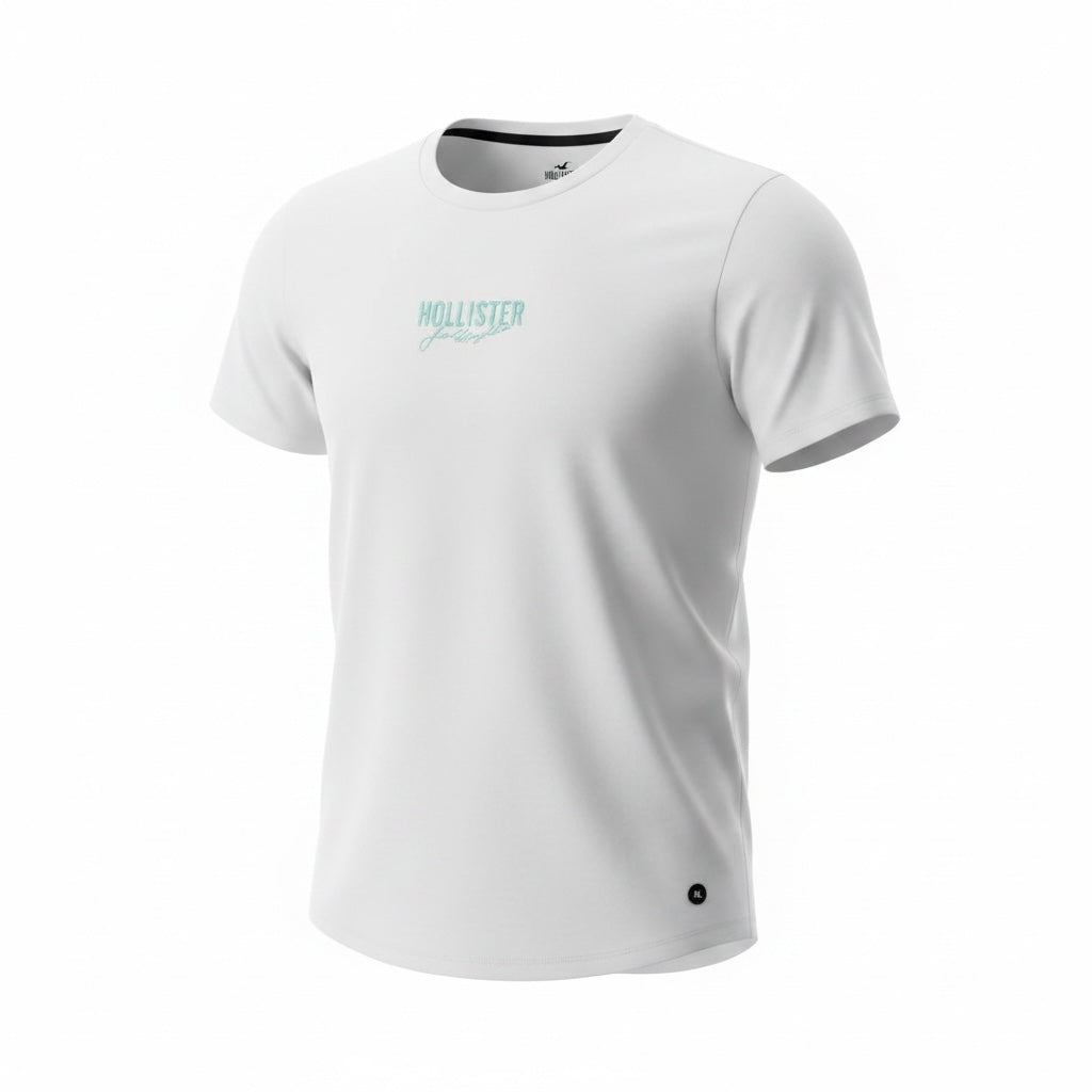 picknpack white Hollister crew neck t-shirt with a small teal graphic logo on the chest and short sleeves.