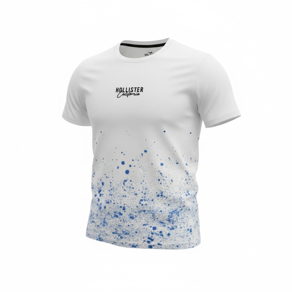 picknpack white Hollister California crew neck t-shirt with blue paint splatter design and chest logo