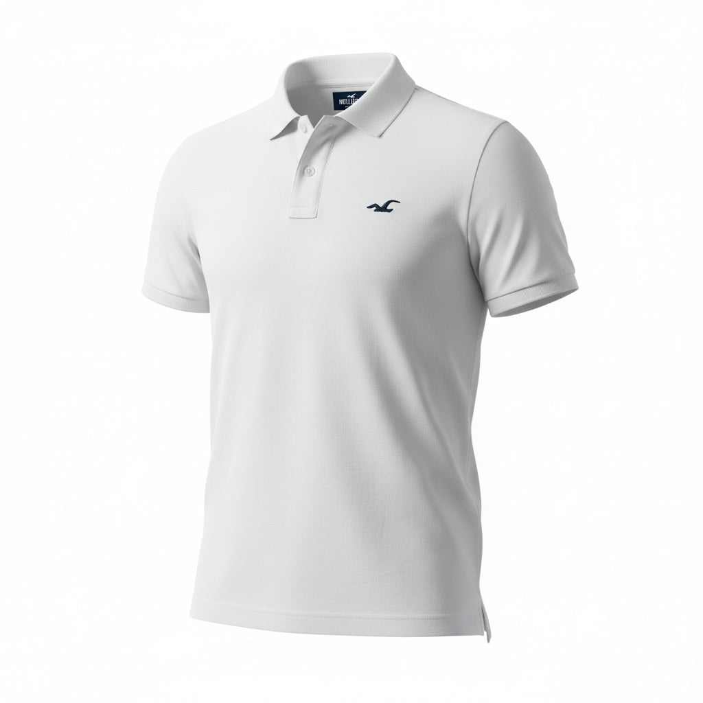 picknpack white Hollister short sleeve polo shirt in breathable pique cotton with a classic collar and chest logo