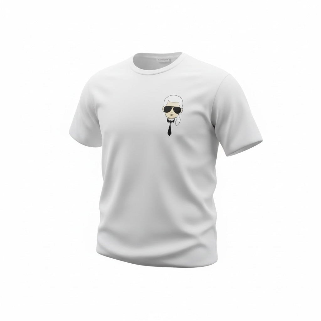 picknpack white crew neck cotton t-shirt featuring a Karl Lagerfeld character graphic on the chest
