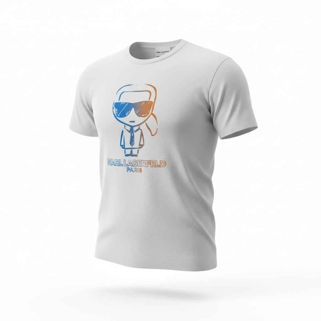 picknpack white cotton crew neck t-shirt featuring a gradient Karl Lagerfeld character graphic on the chest.