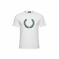 picknpack white crew neck cotton t-shirt featuring a dark green Fred Perry laurel wreath graphic on the chest.