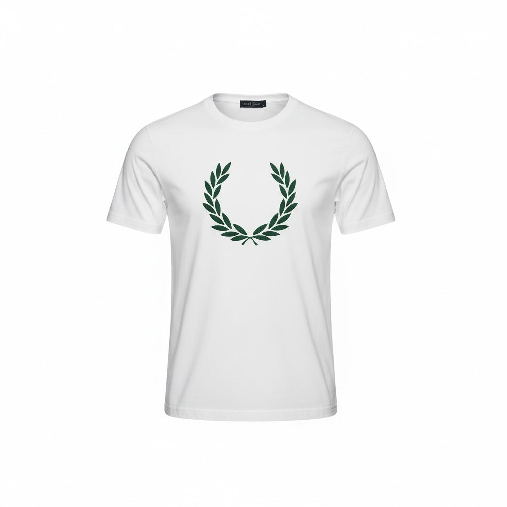 picknpack white crew neck cotton t-shirt featuring a dark green Fred Perry laurel wreath graphic on the chest.