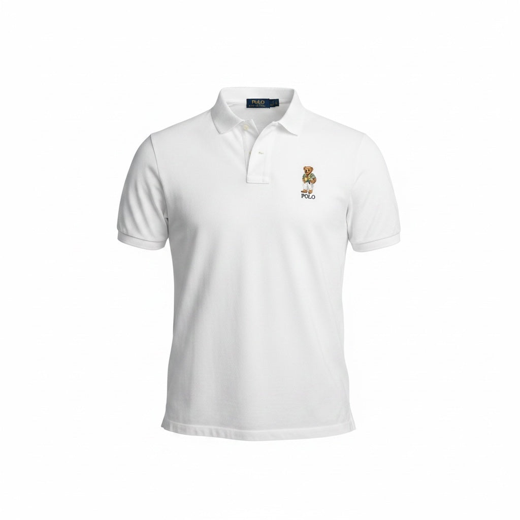 picknpack white Ralph Lauren cotton piqué polo shirt featuring a signature Polo Bear embroidery on the chest